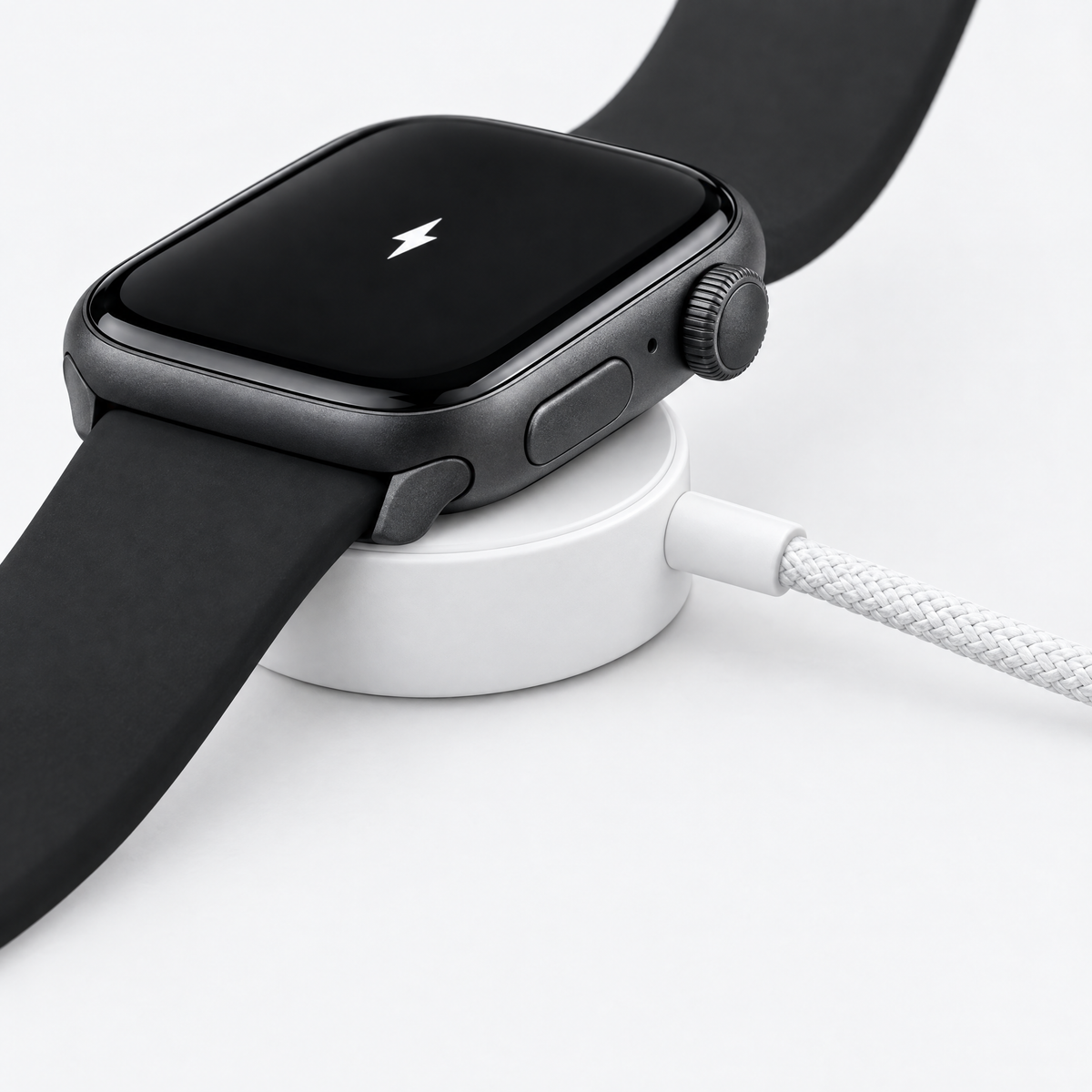 Montre Maison Lelou posée sur son socle de charge, câble tressé USB-C branché