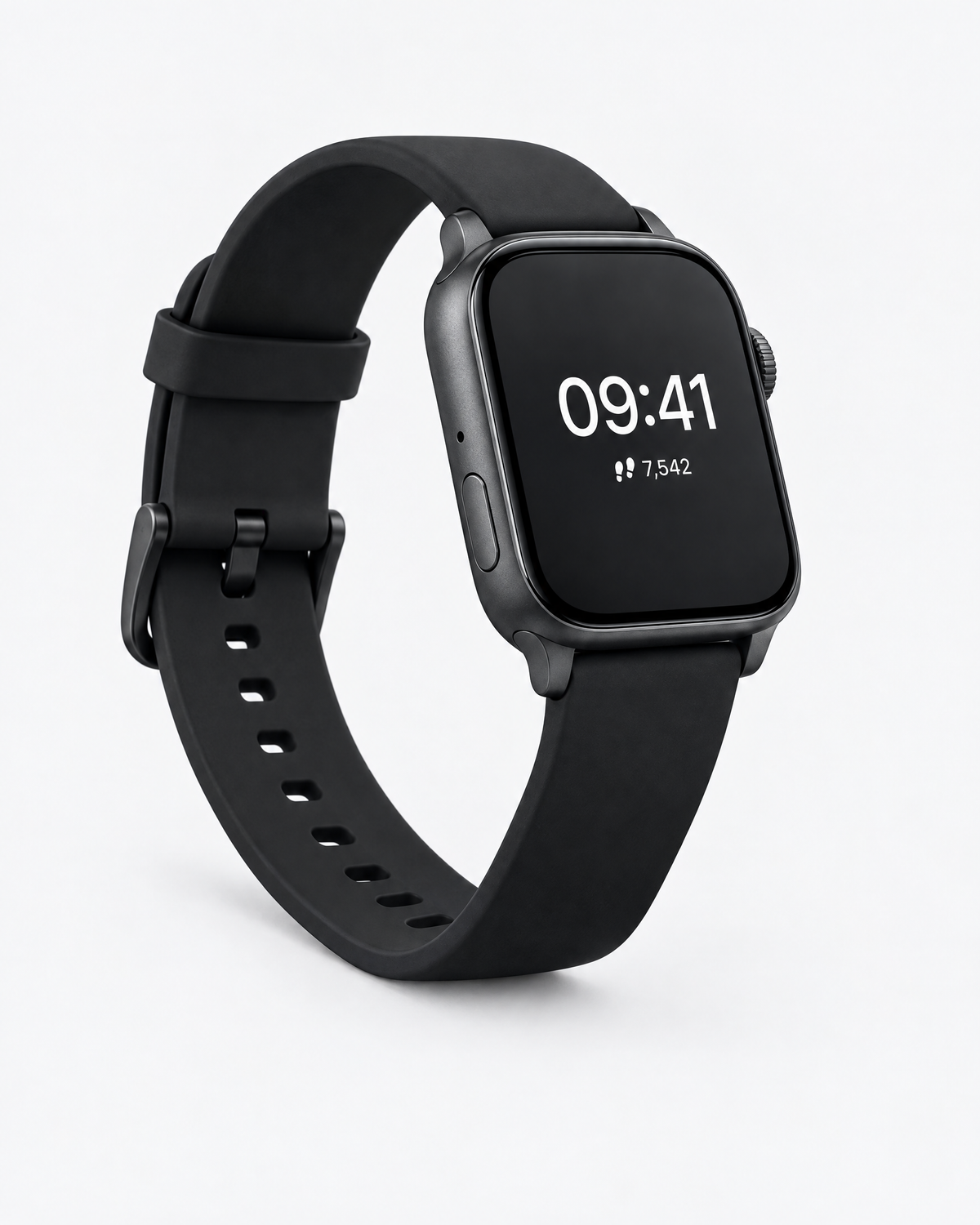 Lelou Signature de trois quarts, bracelet silicone noir déroulé en boucle