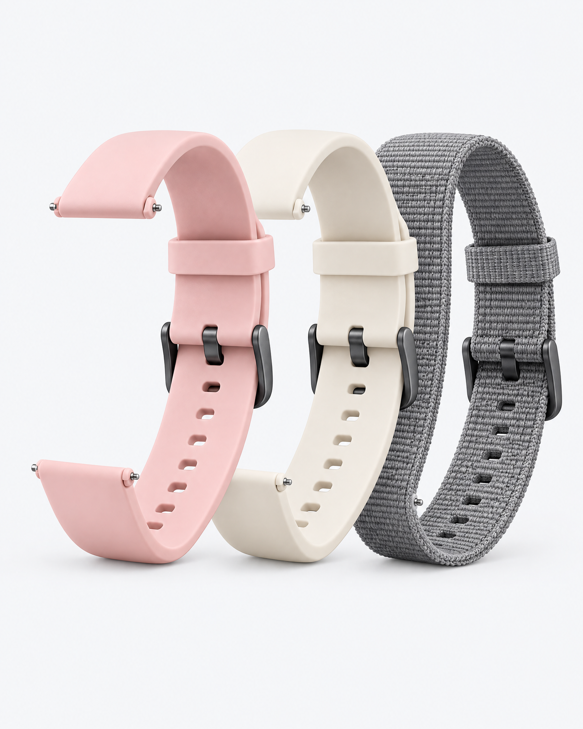 Les trois bracelets Lelou : rose poudré, crème et nylon tressé gris